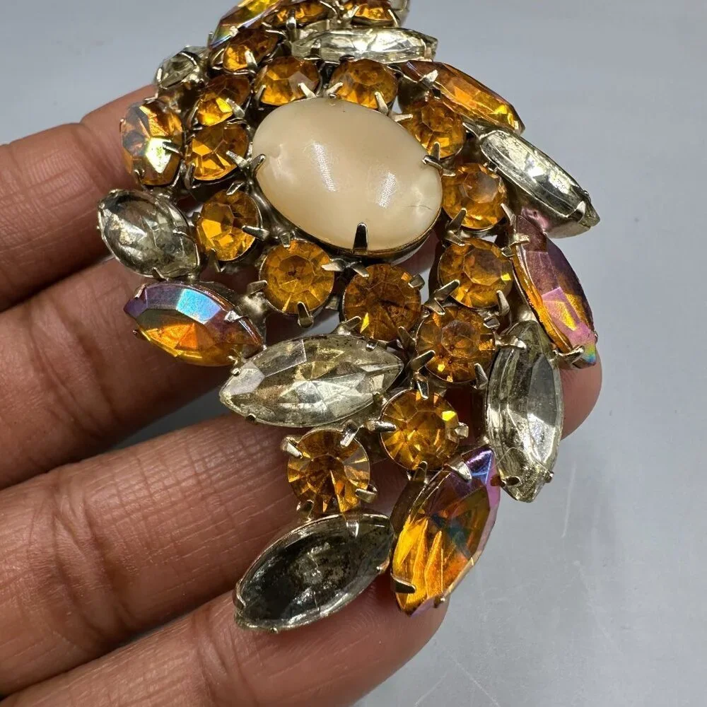Vintage Amber Color Rhinestone Brooch Silver Tone Navette Aurora Borealis